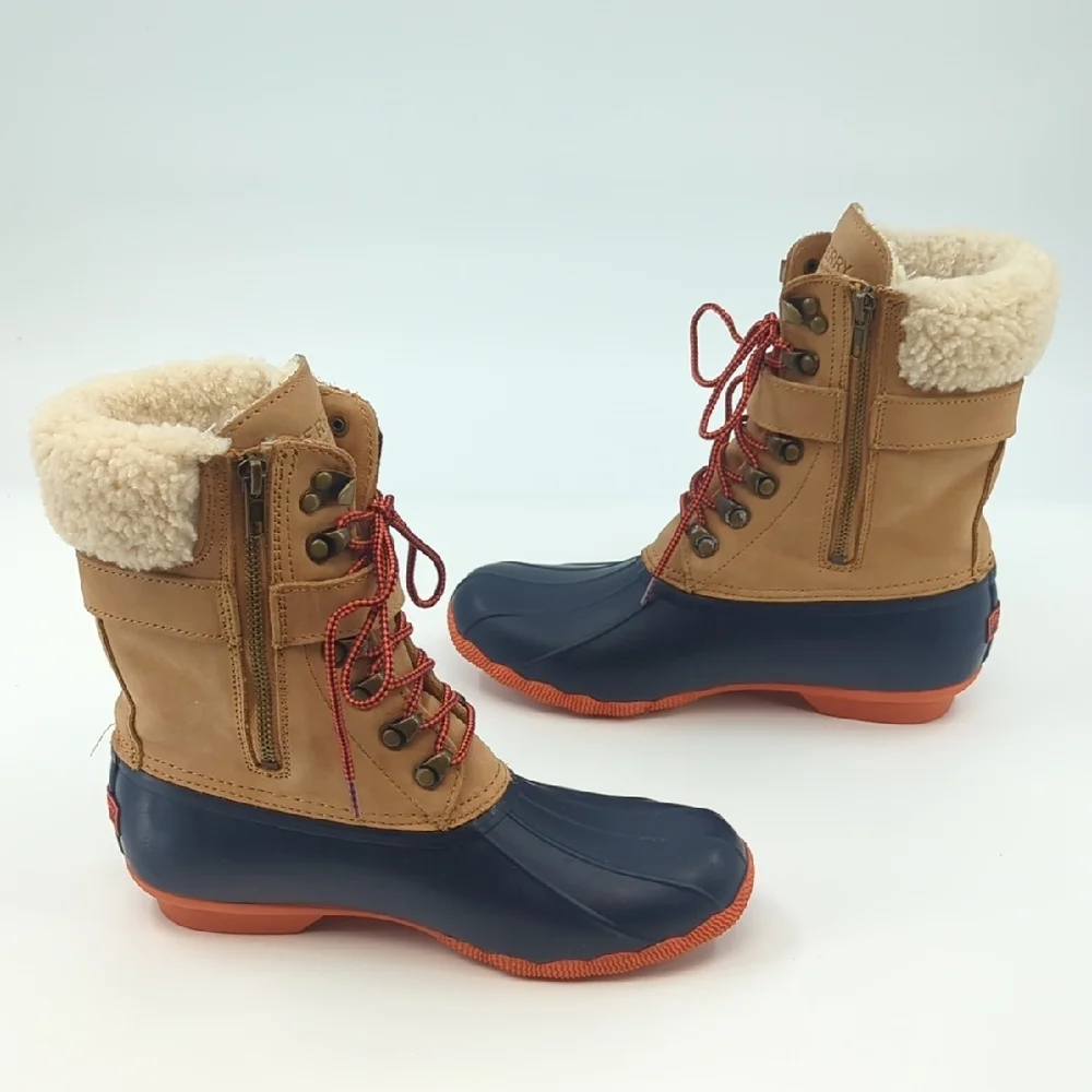 SPERRY Shearwater Winter Waterproof Wool Leather Duck Boots Sz 7.5 Tan/Navy